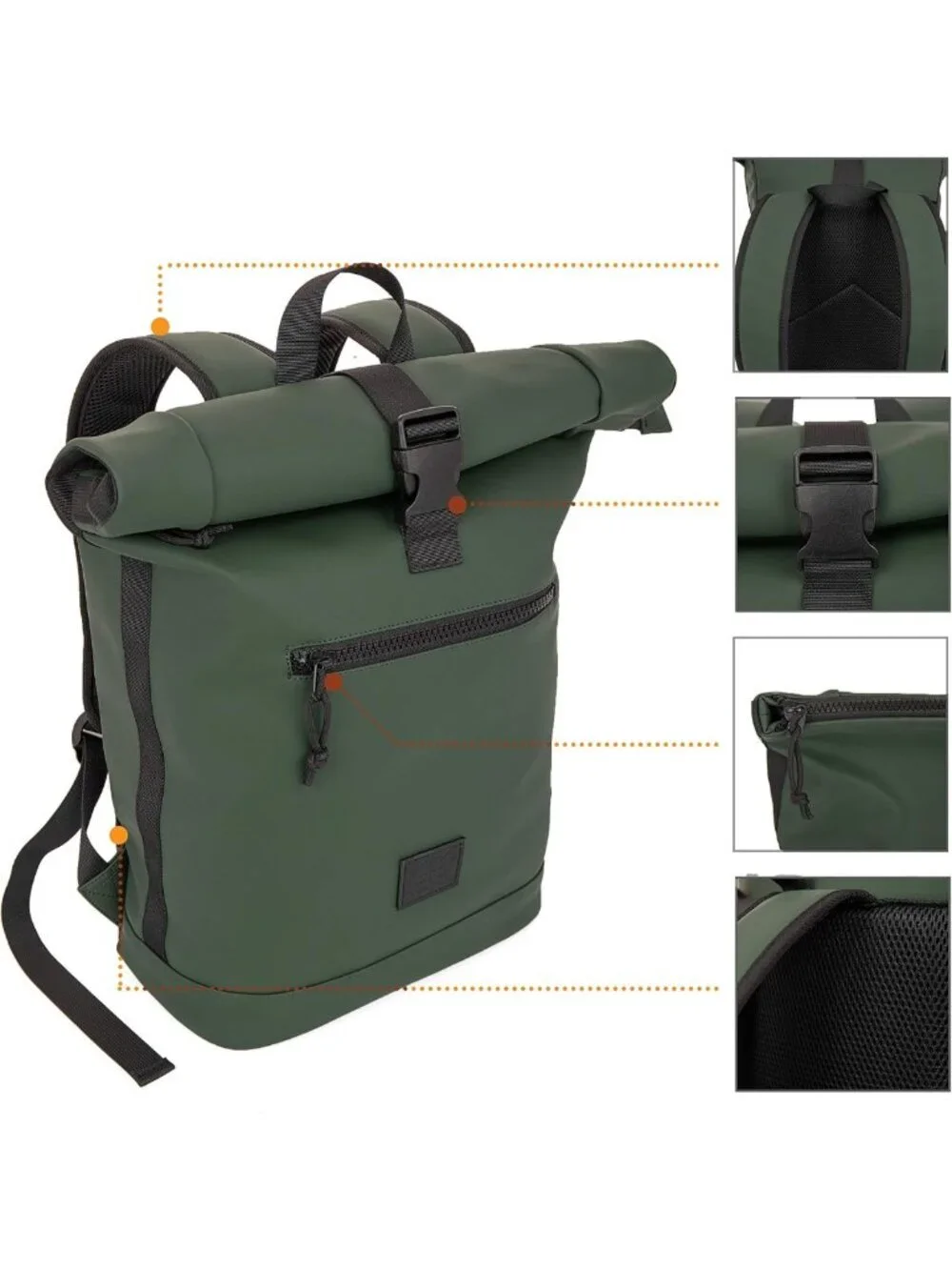 Expandable Roll Top Laptop Backpack, PU Leather, Adjustable 22L Capacity, Fits
